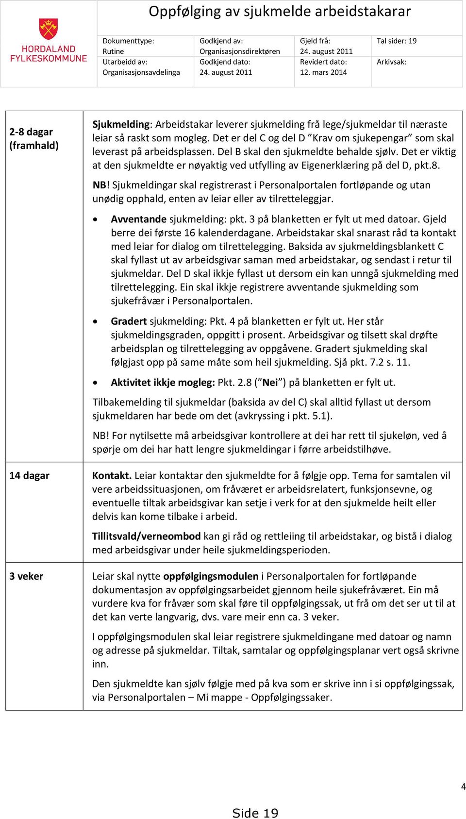 mars 2014 2-8 dagar (framhald) Sjukmelding: Arbeidstakar leverer sjukmelding frå lege/sjukmeldar til næraste leiar så raskt som mogleg.