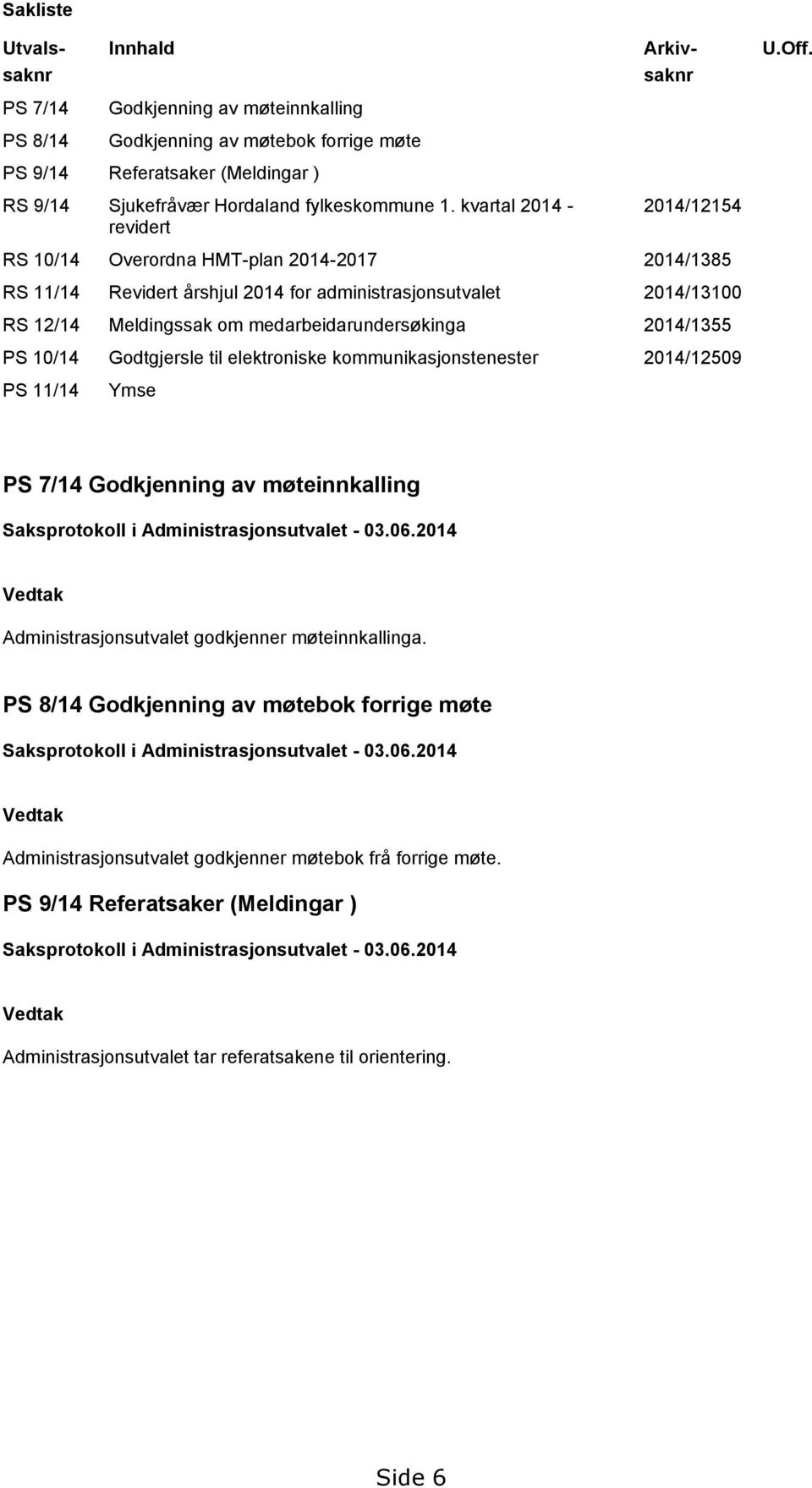 kvartal 2014 - revidert 2014/12154 RS 10/14 Overordna HMT-plan 2014-2017 2014/1385 RS 11/14 Revidert årshjul 2014 for administrasjonsutvalet 2014/13100 RS 12/14 Meldingssak om medarbeidarundersøkinga