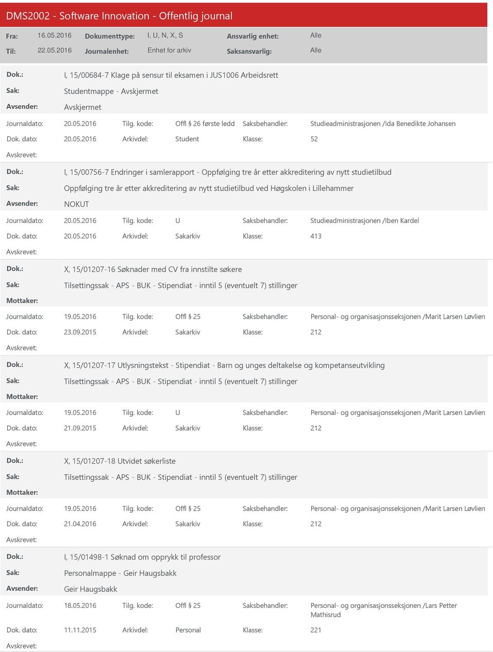 Lillehammer NOKT Studieadministrasjonen /Iben Kardel 413 X, 15/01207-16 Søknader med CV fra innstilte søkere Tilsettingssak - APS - BK - Stipendiat - inntil 5 (eventuelt 7) stillinger Dok. dato: 23.