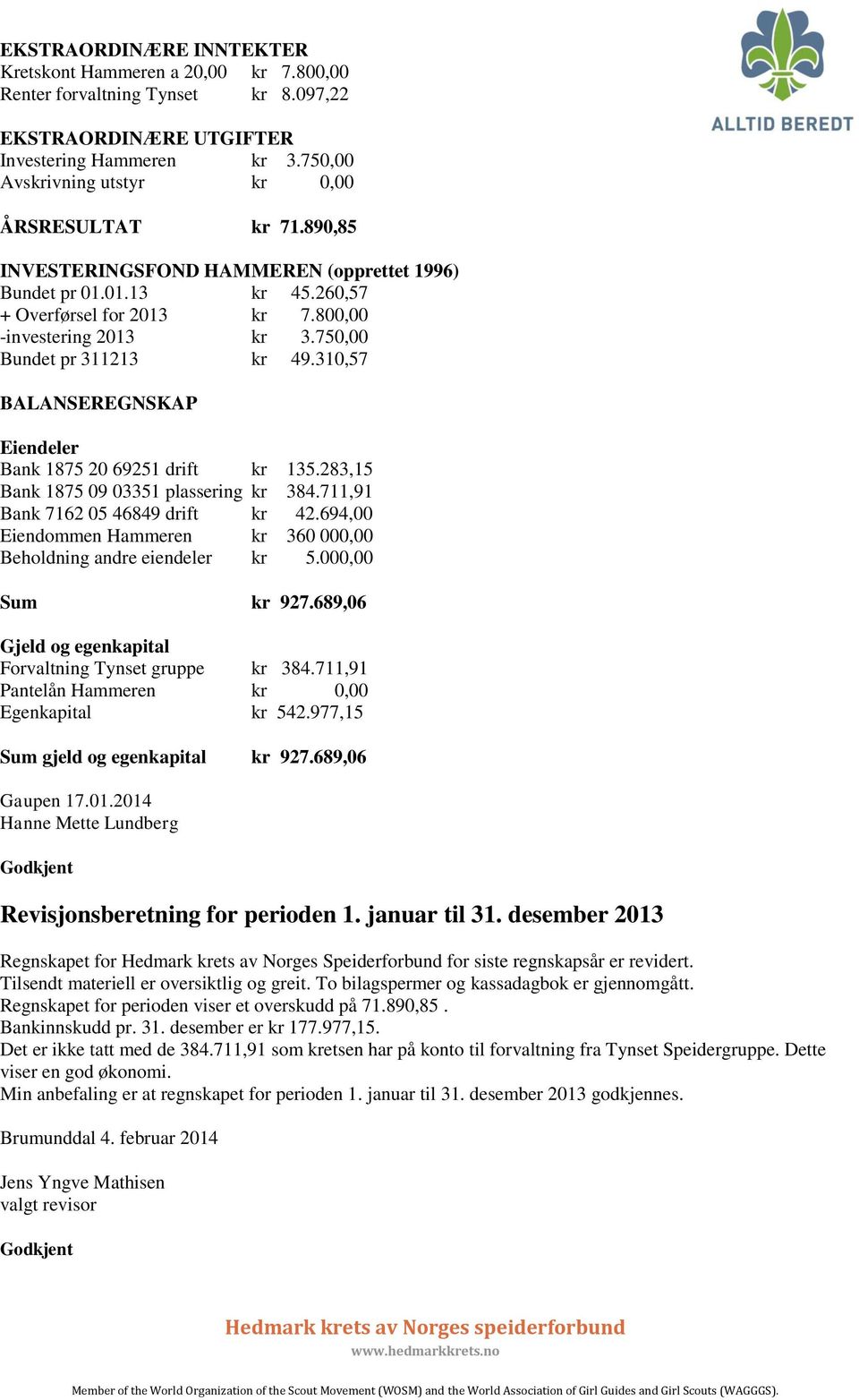 750,00 Bundet pr 311213 kr 49.310,57 BALANSEREGNSKAP Eiendeler Bank 1875 20 69251 drift kr 135.283,15 Bank 1875 09 03351 plassering kr 384.711,91 Bank 7162 05 46849 drift kr 42.