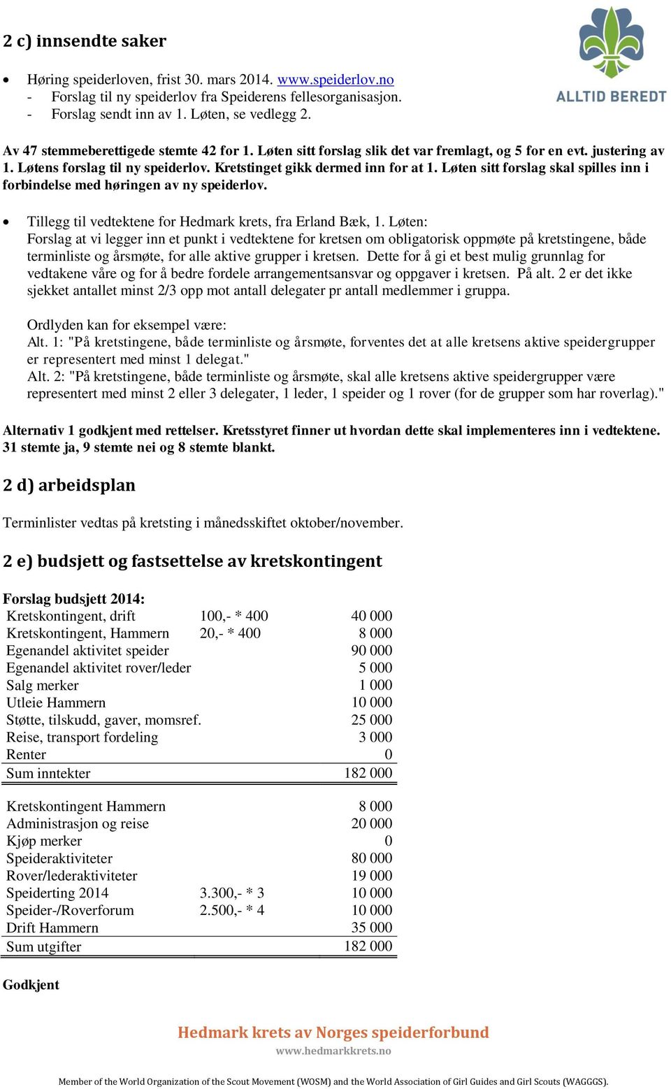 Løten sitt forslag skal spilles inn i forbindelse med høringen av ny speiderlov. Tillegg til vedtektene for Hedmark krets, fra Erland Bæk, 1.