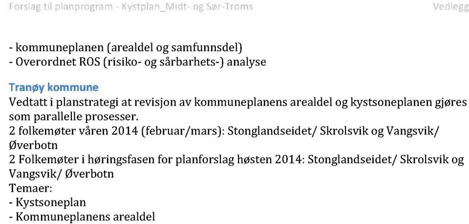 2 folkemøter våren 2014 (februar/mars): Stonglandseidet/ Skrolsvik og Vangsvik/ Øverbotn 2 Folkemøter i