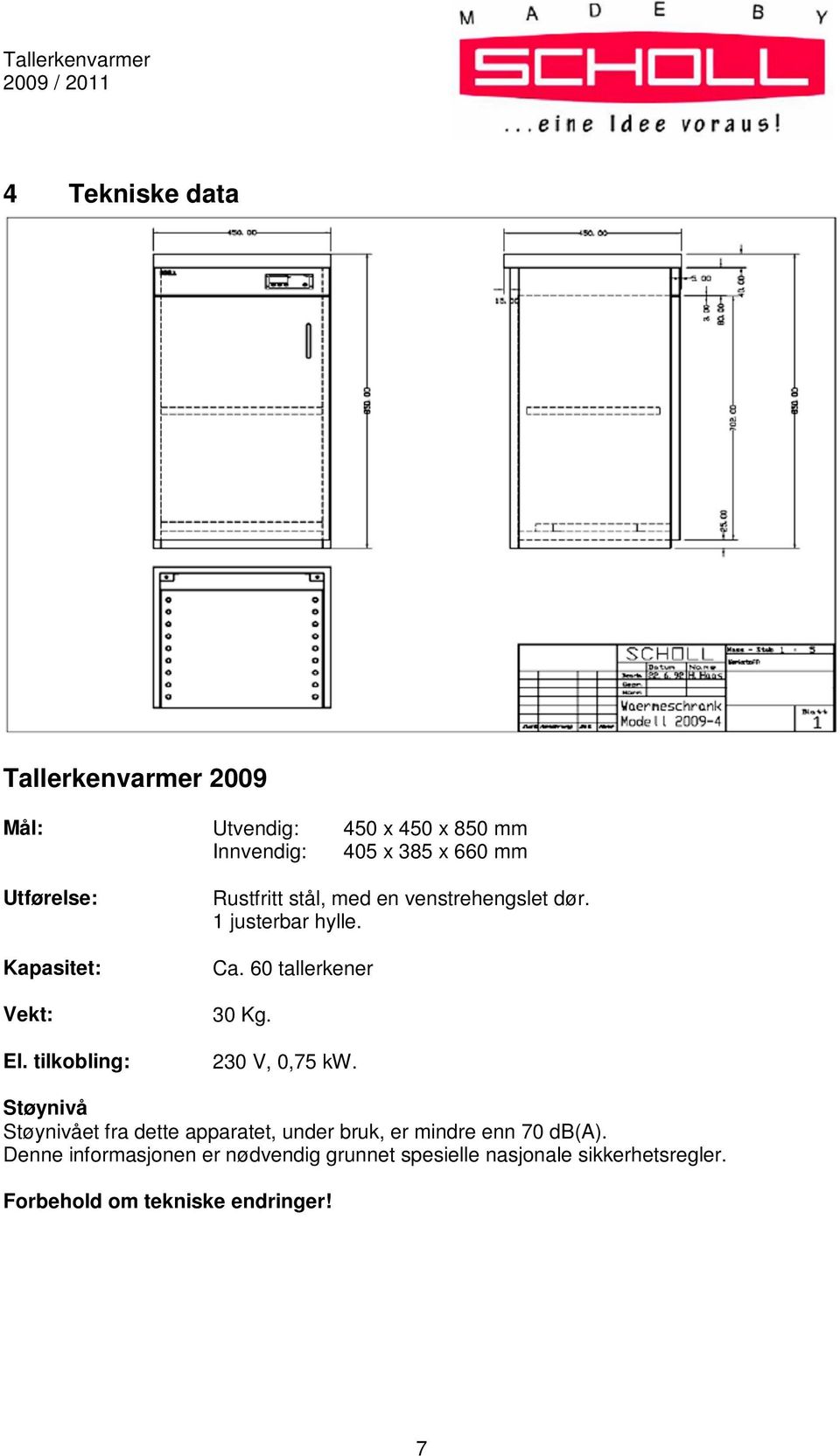 60 tallerkener 30 Kg. 230 V, 0,75 kw.