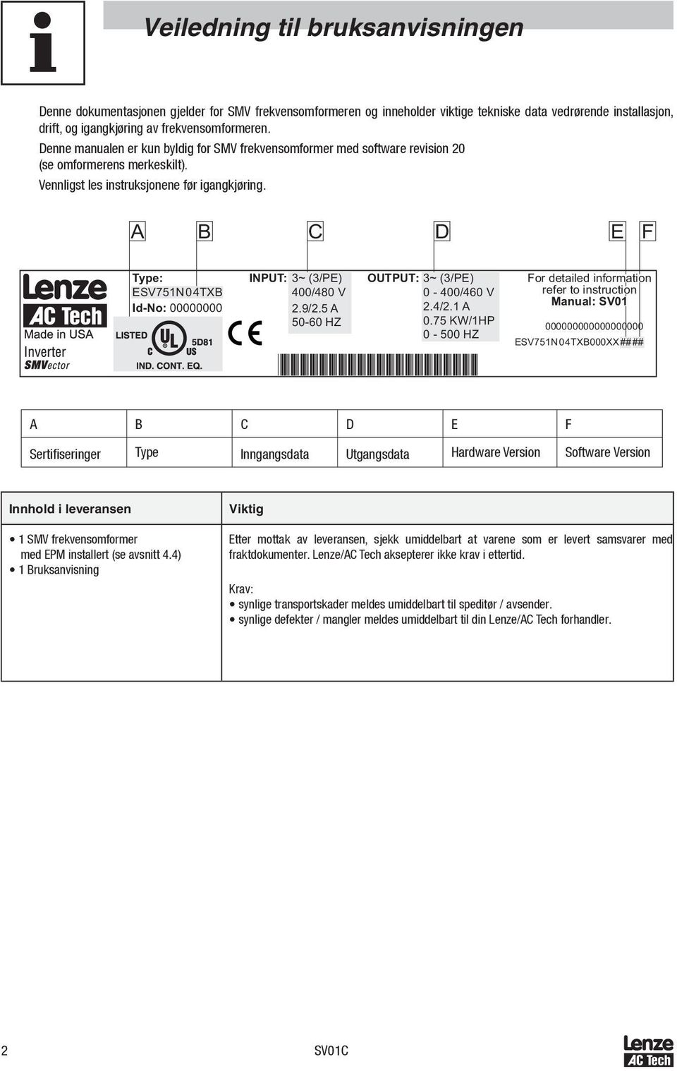 A B C D E F Type: ESV751N04TXB Id-No: 00000000 INPUT: 3~ (3/PE) 400/480 V 2.9/2.5 A 50-60 HZ OUTPUT: 3~ (3/PE) 0-400/460 V 2.4/2.1 A 0.