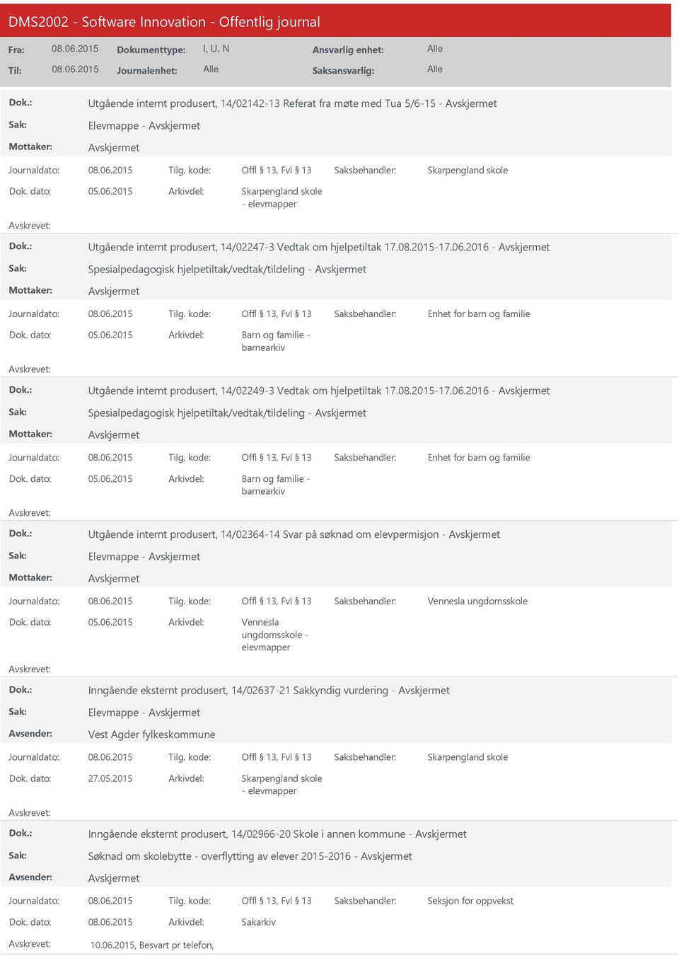 2016 - Spesialpedagogisk hjelpetiltak/vedtak/tildeling - tgående internt produsert, 14/02364-14 Svar på søknad om elevpermisjon - Elevmappe - Vennesla ungdomsskole - Inngående eksternt