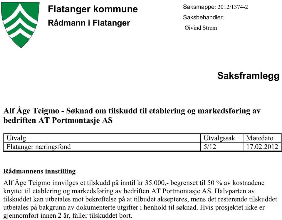 2012 Rådmannensinnstilling Alf Åge Teigmoinnvilgeset tilskuddpåinntil kr 35.