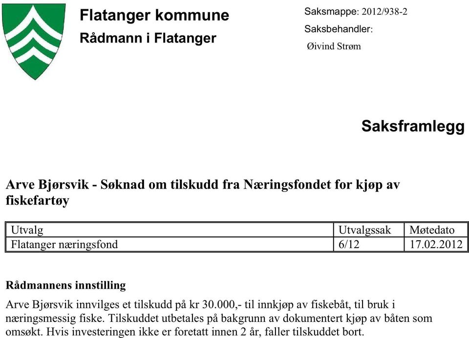 2012 Rådmannensinnstilling Arve Bjørsvik innvilgeset tilskuddpåkr 30.