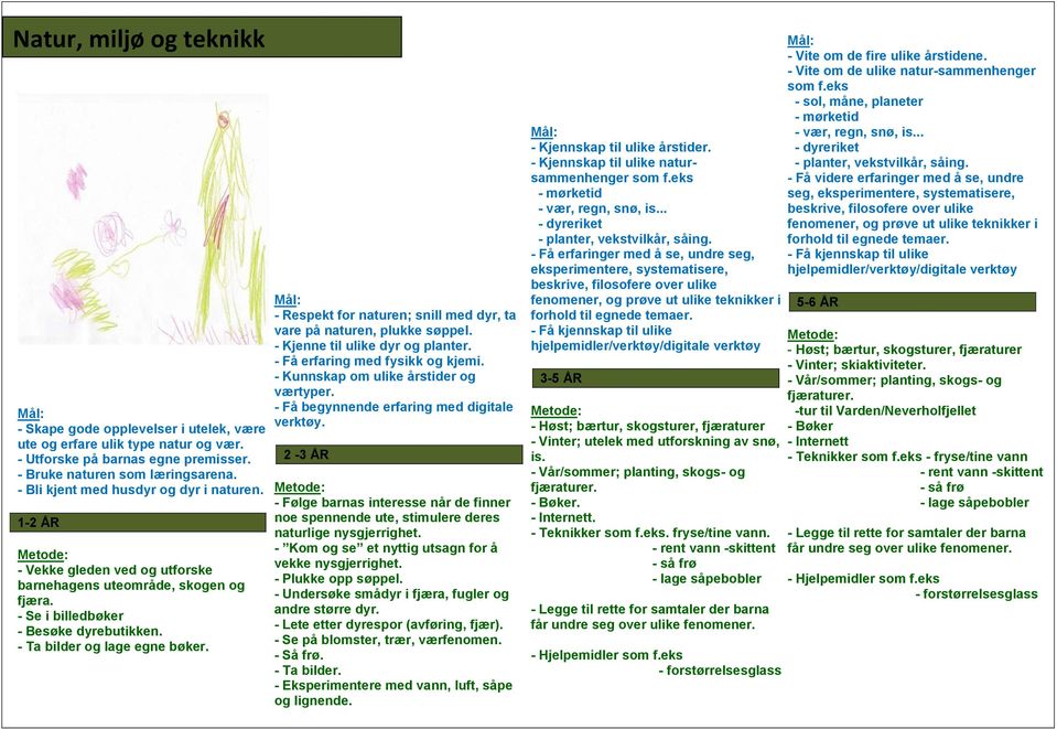 - Respekt for naturen; snill med dyr, ta vare på naturen, plukke søppel. - Kjenne til ulike dyr og planter. - Få erfaring med fysikk og kjemi. - Kunnskap om ulike årstider og værtyper.