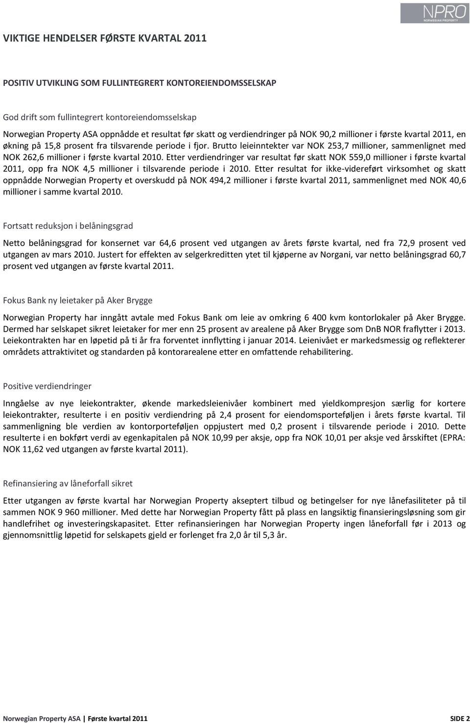 Brutto leieinntekter var NOK 253,7 millioner, sammenlignet med NOK 262,6 millioner i første kvartal 2010.