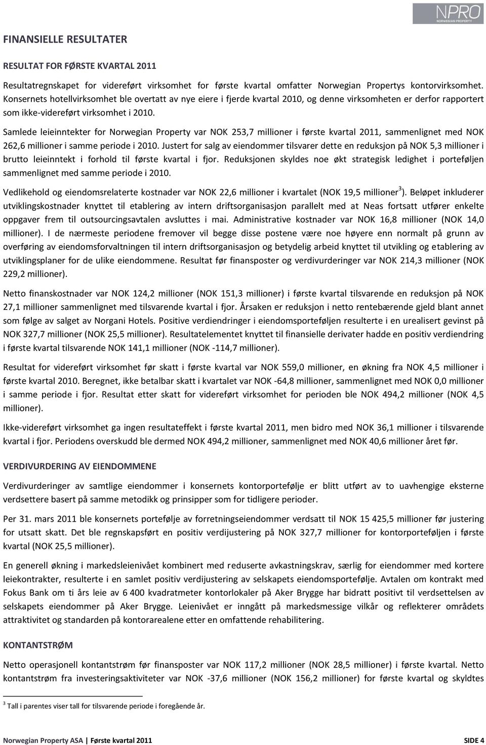 Samlede leieinntekter for Norwegian Property var NOK 253,7 millioner i første kvartal 2011, sammenlignet med NOK 262,6 millioner i samme periode i 2010.