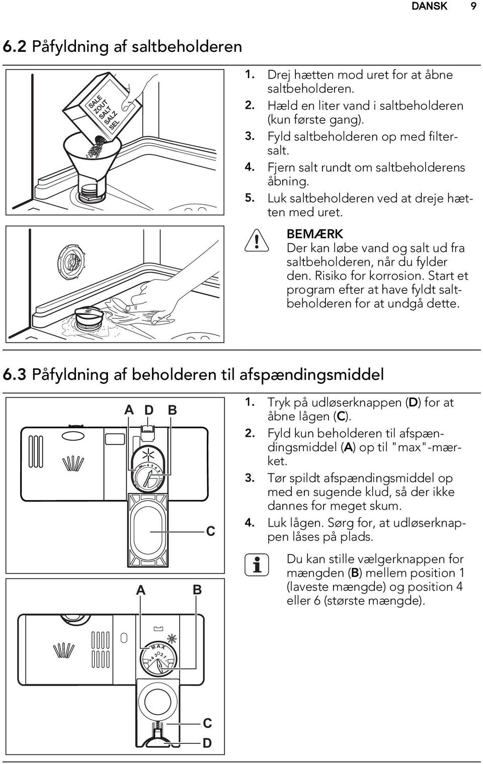 Start et program efter at have fyldt saltbeholderen for at undgå dette. 6.3 Påfyldning af beholderen til afspændingsmiddel A D B C 1. Tryk på udløserknappen (D) for at åbne lågen (C). 2.