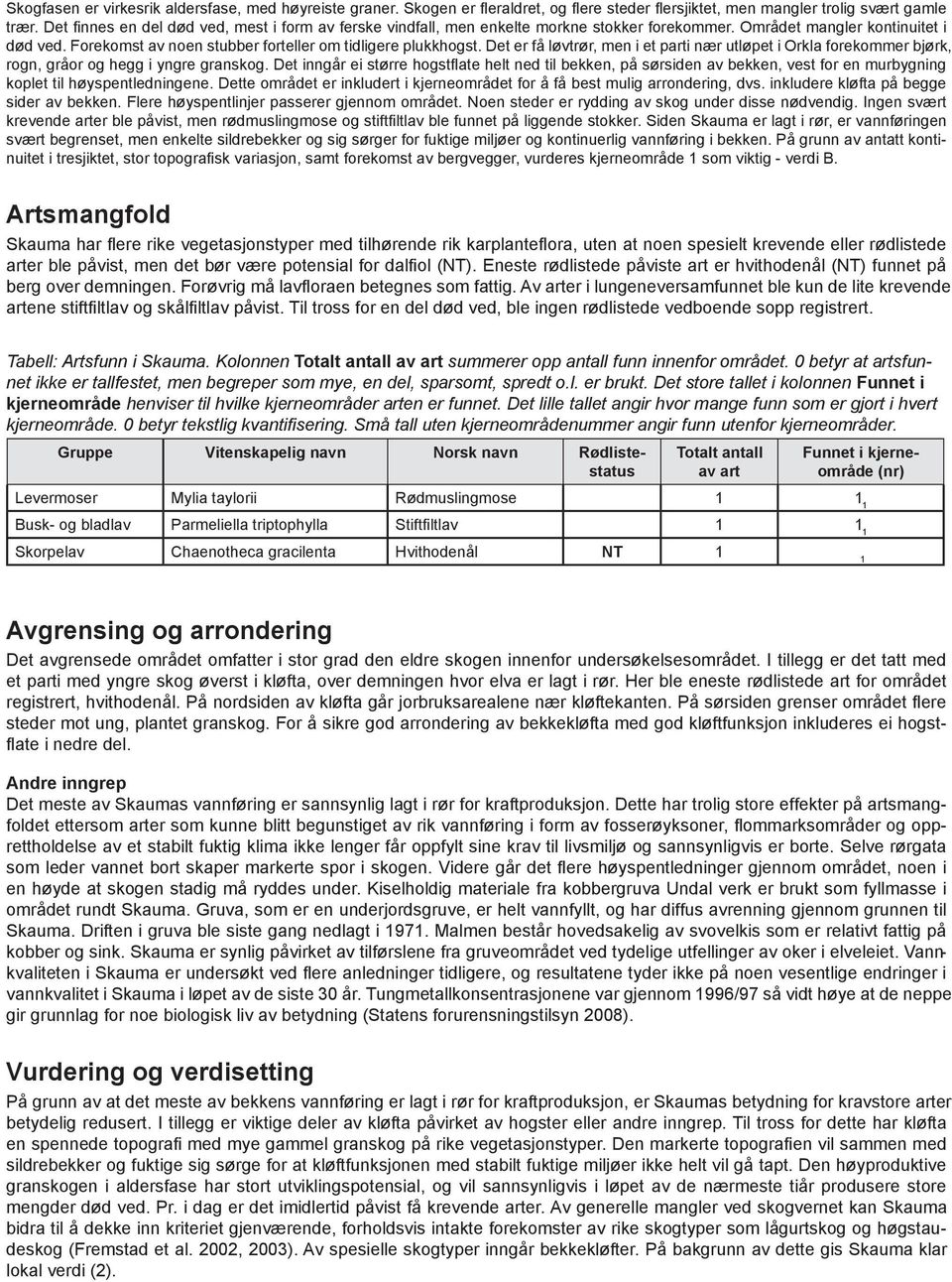 Det er få løvtrør, men i et parti nær utløpet i Orkla forekommer bjørk, rogn, gråor og hegg i yngre granskog.