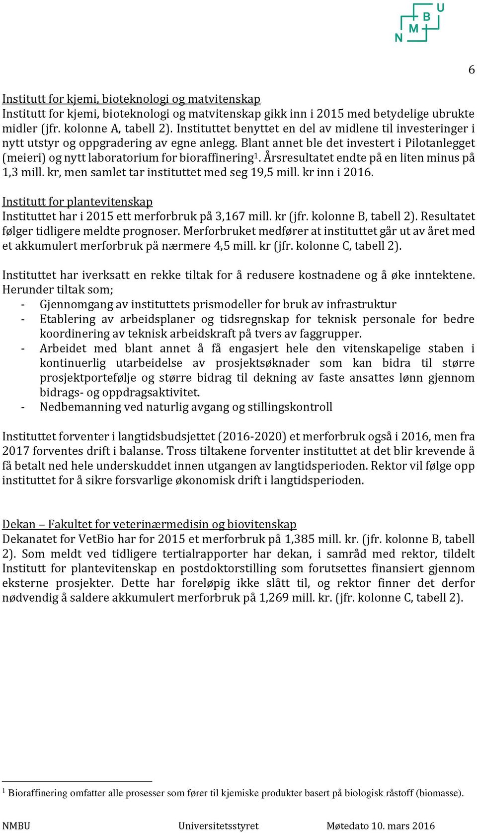 Årsresultatet endte på en liten minus på 1,3 mill. kr, men samlet tar instituttet med seg 19,5 mill. kr inn i 2016. Institutt for plantevitenskap Instituttet har i 2015 ett merforbruk på 3,167 mill.