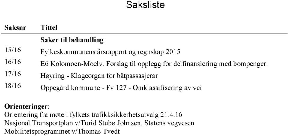 17/16 Høyring - Klageorgan for båtpassasjerar 18/16 Oppegård kommune - Fv 127 - Omklassifisering av vei
