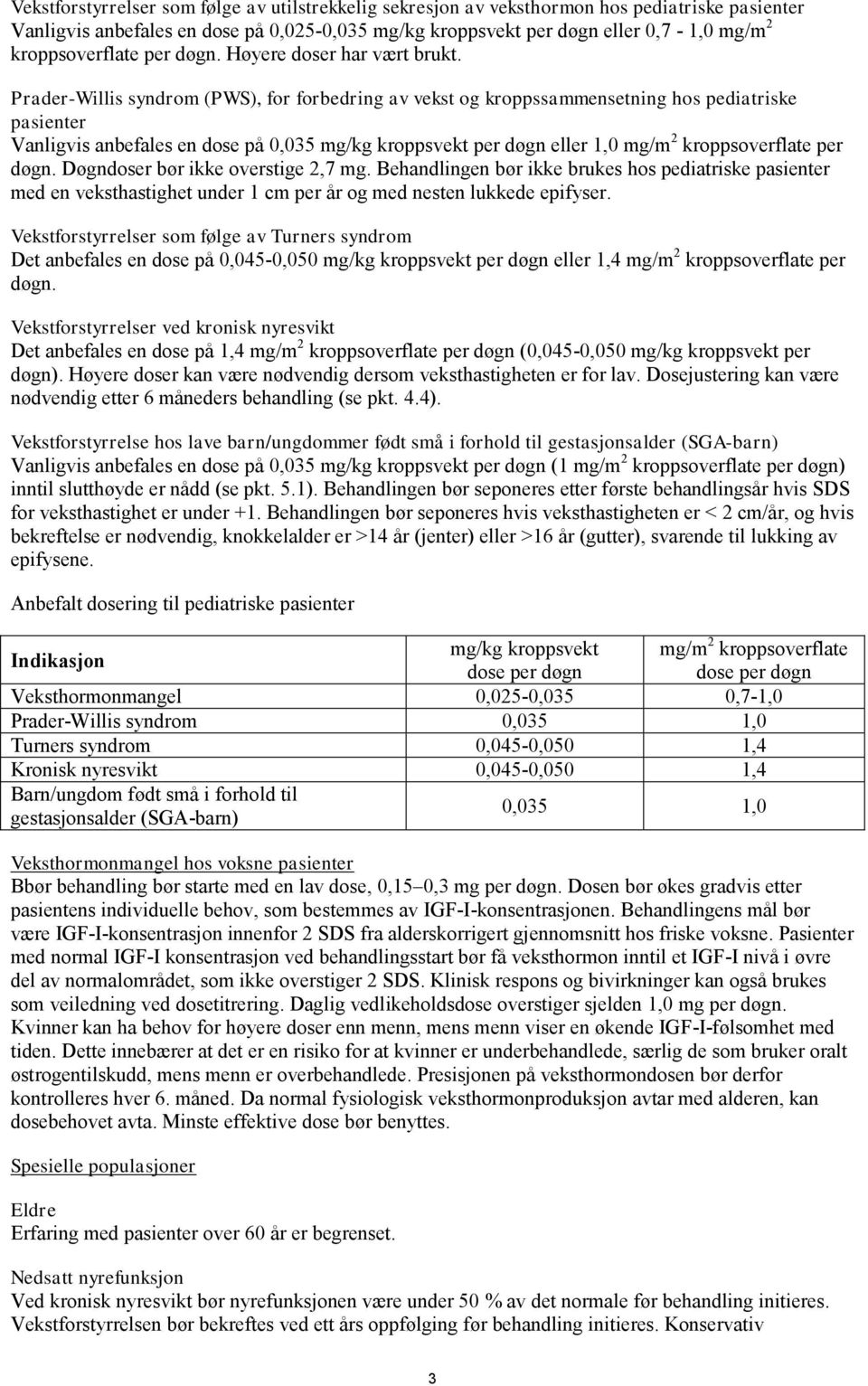 Prader-Willis syndrom (PWS), for forbedring av vekst og kroppssammensetning hos pediatriske pasienter Vanligvis anbefales en dose på 0,035 mg/kg kroppsvekt per døgn eller 1,0 mg/m 2 kroppsoverflate