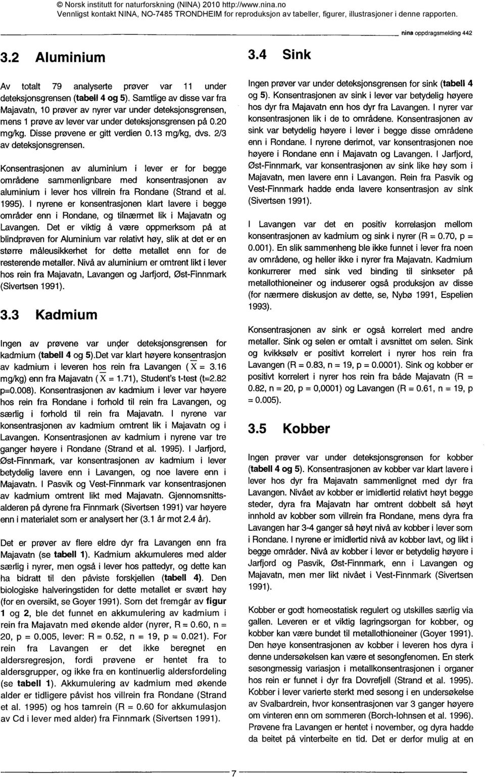 2/3 av deteksjonsgrensen. Konsentrasjonen av aluminium i lever er for begge områdene sammenlignbare med konsentrasjonen av aluminium i lever hos villrein fra Rondane (Strand et al. 1995).