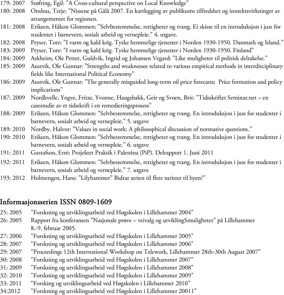 Ei skisse til en introduksjon i juss for studenter i barnevern, sosialt arbeid og vernepleie. 4. utgave. 182: 2008 Pryser, Tore: I varm og kald krig. Tyske hemmelige tjenester i Norden 1930-1950.