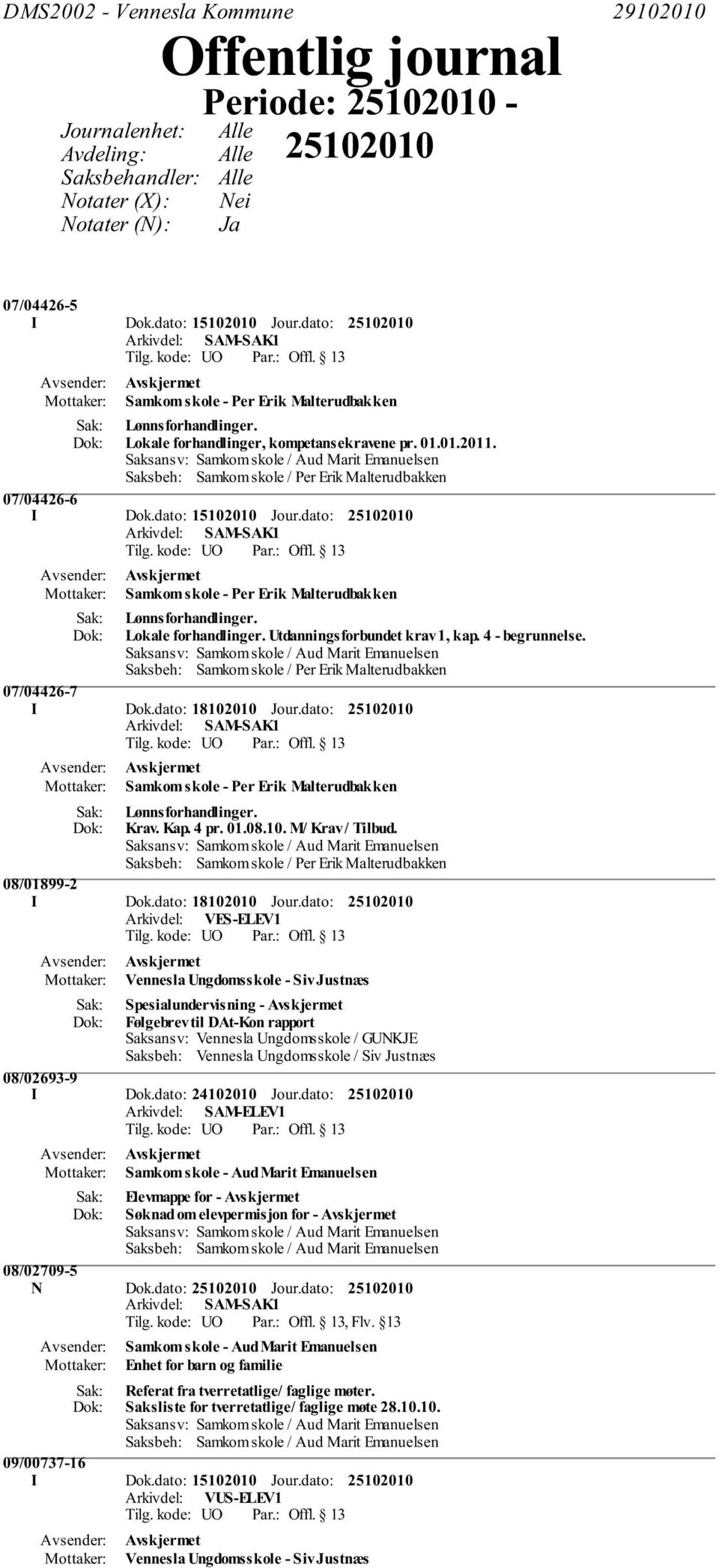 dato: Samkom skole - Per Erik Malterudbakken Lønnsforhandlinger. Lokale forhandlinger. Utdanningsforbundet krav 1, kap. 4 - begrunnelse. 07/04426-7 I Dok.dato: 18102010 Jour.