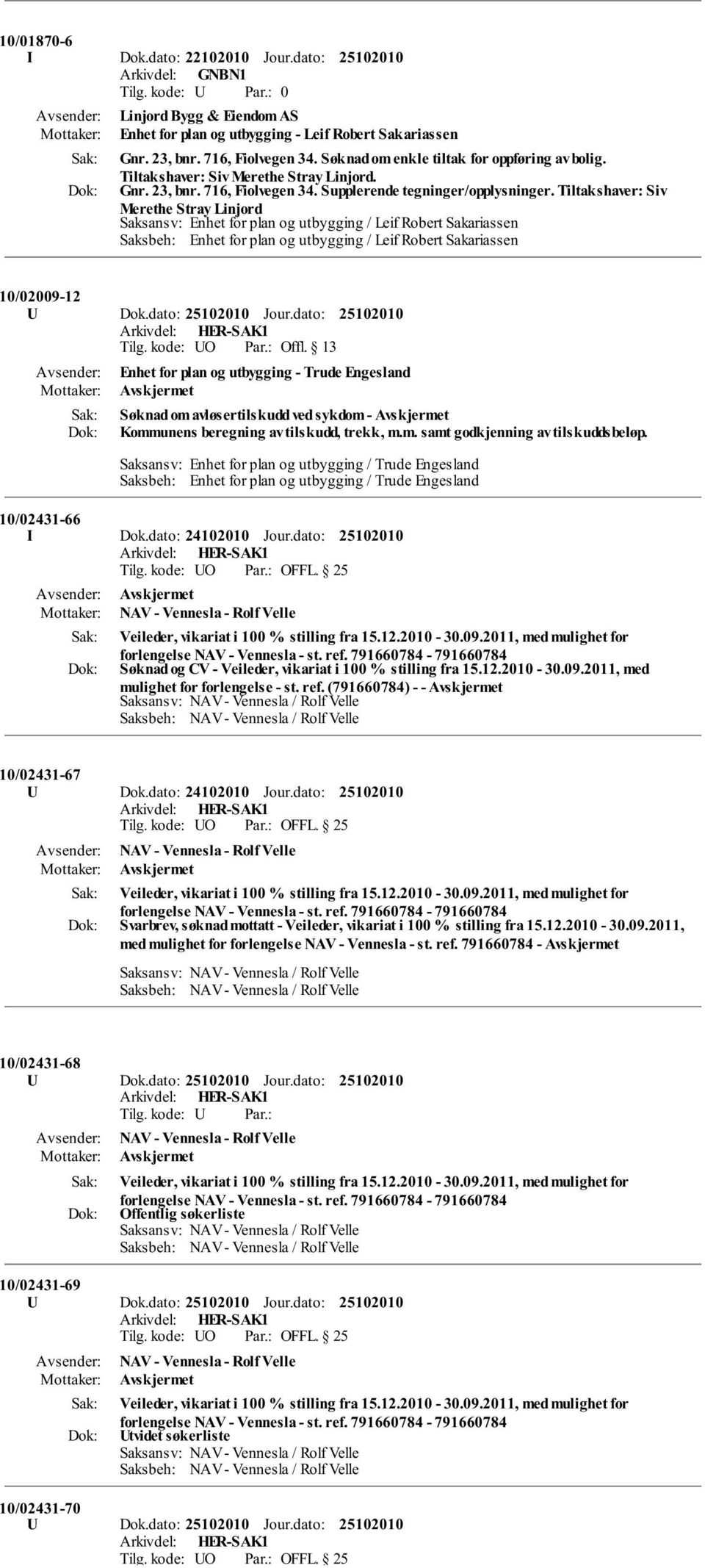 Tiltakshaver: Siv Merethe Stray Linjord Saksansv: Enhet for plan og utbygging / Leif Robert Sakariassen Saksbeh: Enhet for plan og utbygging / Leif Robert Sakariassen 10/02009-12 U Dok.dato: Jour.