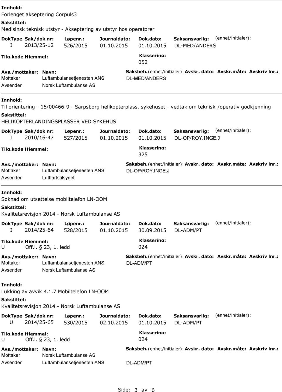 J Mottaker Luftambulansetjenesten ANS DL-OP/ROY.NGE.J Luftfartstilsynet Søknad om utsettelse mobiltelefon LN-OOM Kvalitetsrevisjon 2014 - Norsk Luftambulanse AS 2014/25-64 528/2015 30.09.