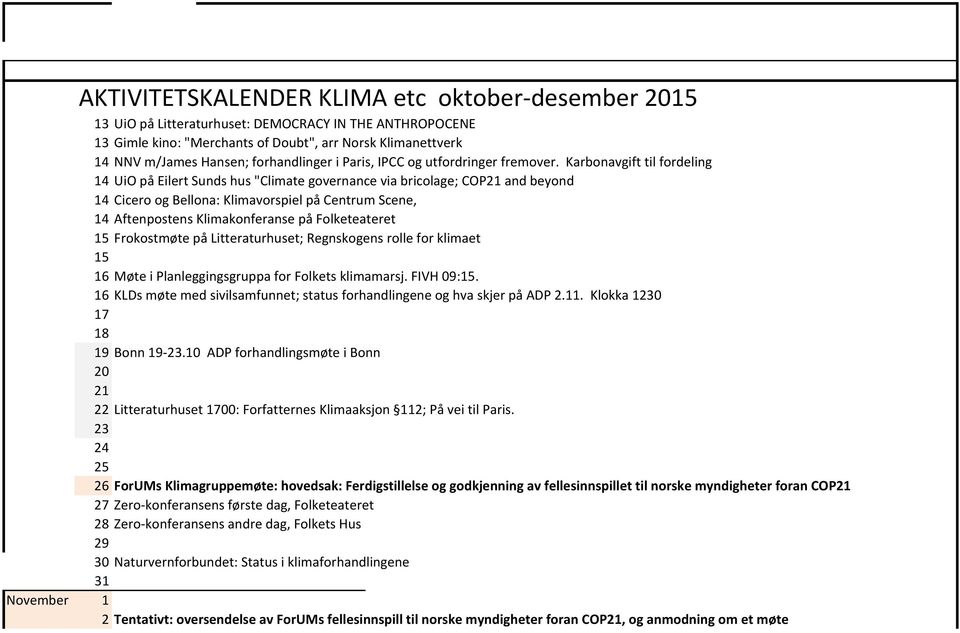 Karbonavgift til fordeling 14 UiO på Eilert Sunds hus "Climate governance via bricolage; COP21 and beyond 14 Cicero og Bellona: Klimavorspiel på Centrum Scene, 14 Aftenpostens Klimakonferanse på