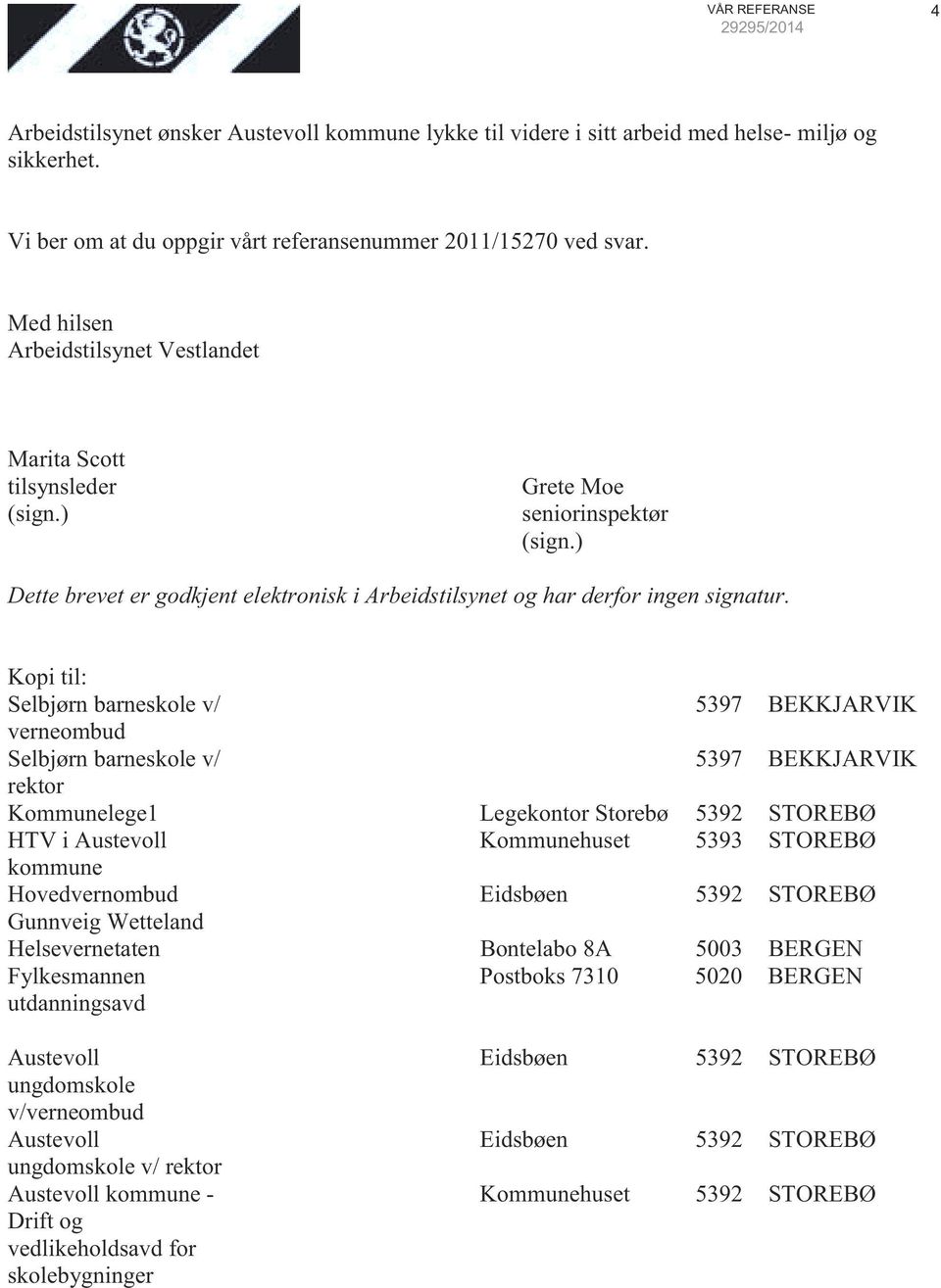 Kopi til: Selbjørn barneskole v/ 5397 BEKKJARVIK verneombud Selbjørn barneskole v/ 5397 BEKKJARVIK rektor Kommunelege1 Legekontor Storebø 5392 STOREBØ HTV i Austevoll Kommunehuset 5393 STOREBØ