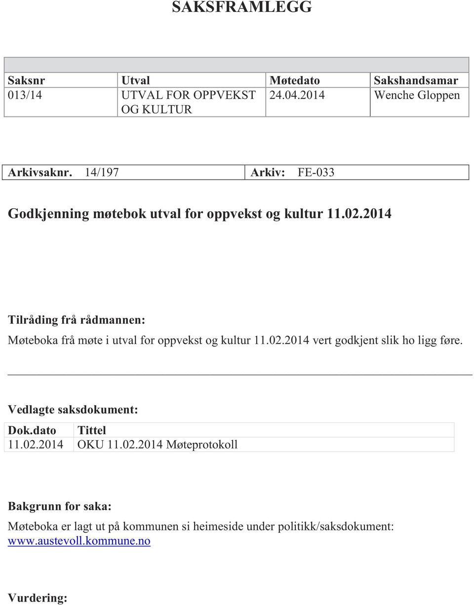 2014 Tilråding frå rådmannen: Møteboka frå møte i utval for oppvekst og kultur 11.02.2014 vert godkjent slik ho ligg føre.