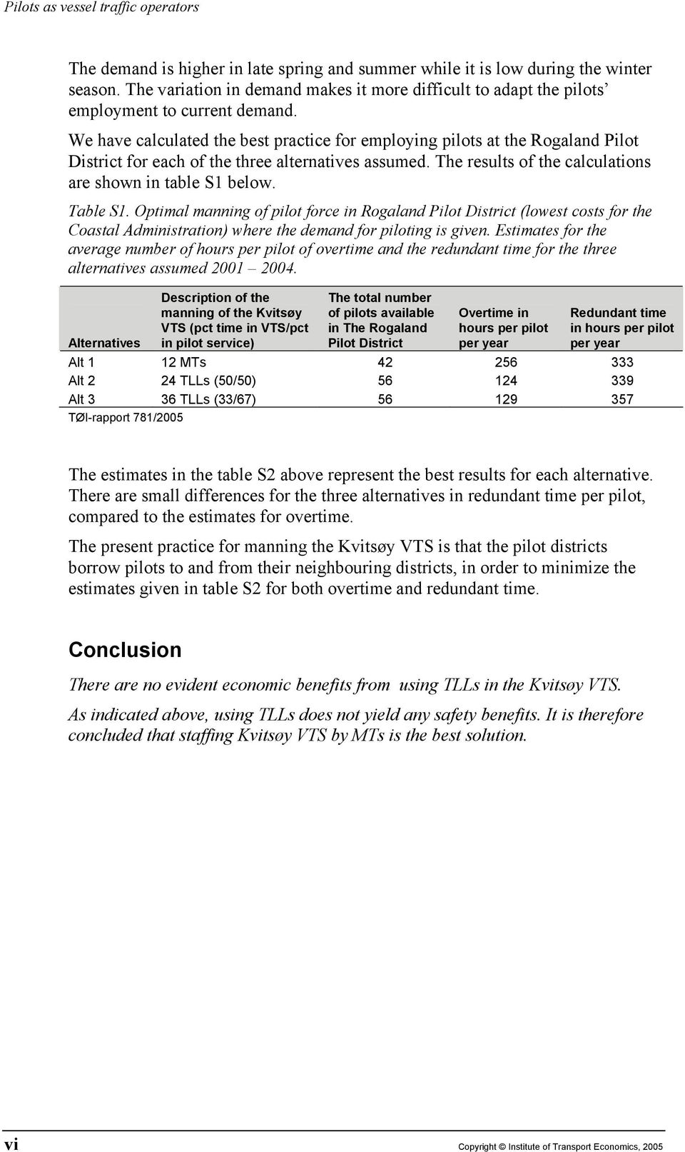 We have calculated the best practice for employing pilots at the Rogaland Pilot District for each of the three alternatives assumed. The results of the calculations are shown in table S1 below.