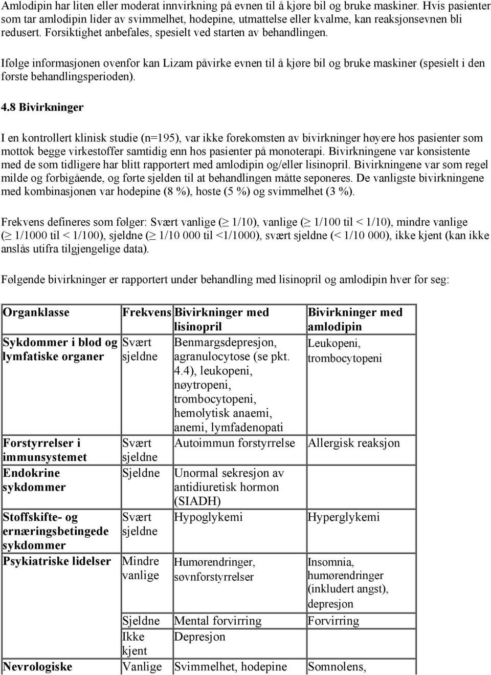 Ifølge informasjonen ovenfor kan Lizam påvirke evnen til å kjøre bil og bruke maskiner (spesielt i den første behandlingsperioden). 4.