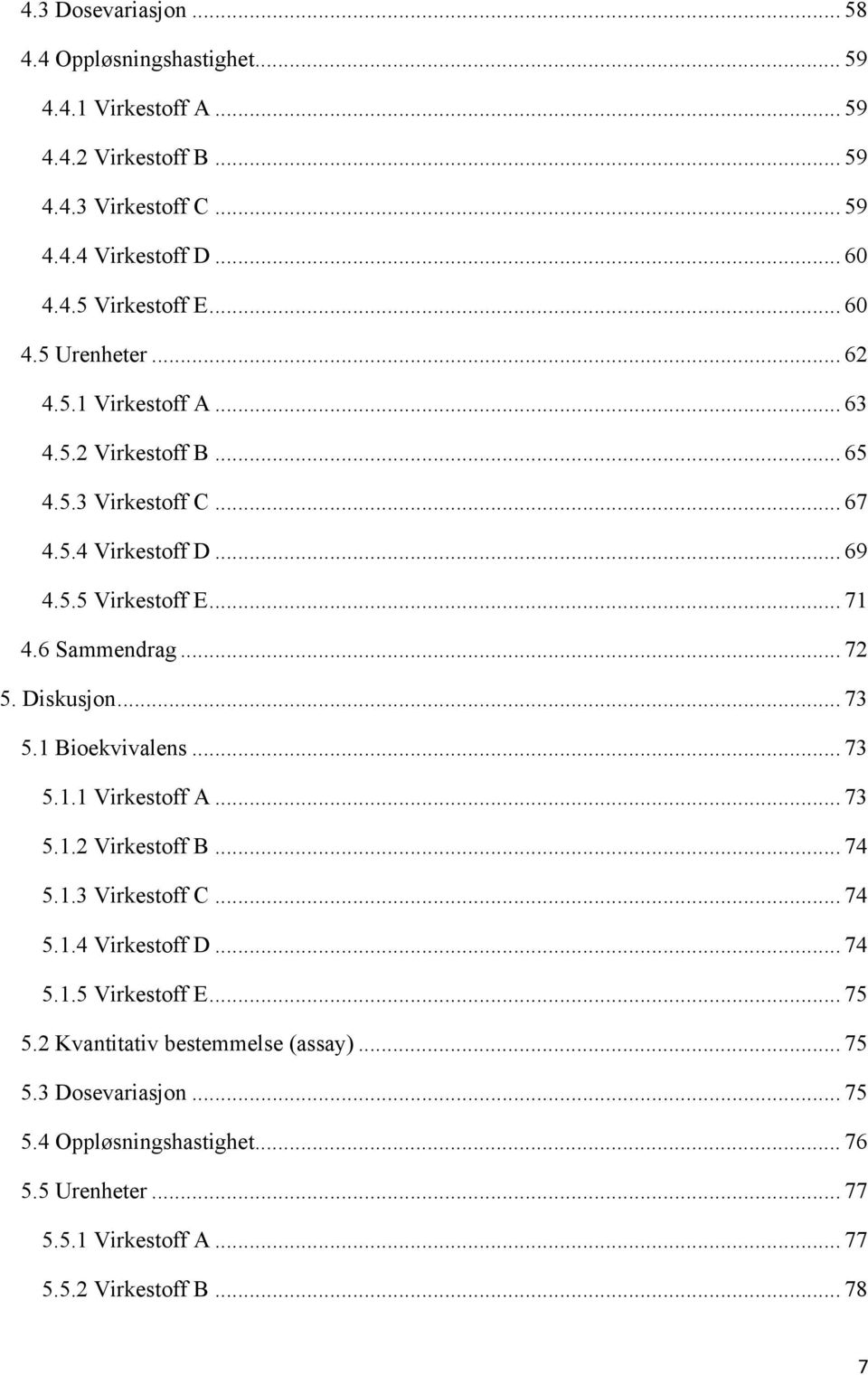 .. 72 5. Diskusjon... 73 5.1 Bioekvivalens... 73 5.1.1 Virkestoff A... 73 5.1.2 Virkestoff B... 74 5.1.3 Virkestoff C... 74 5.1.4 Virkestoff D... 74 5.1.5 Virkestoff E.