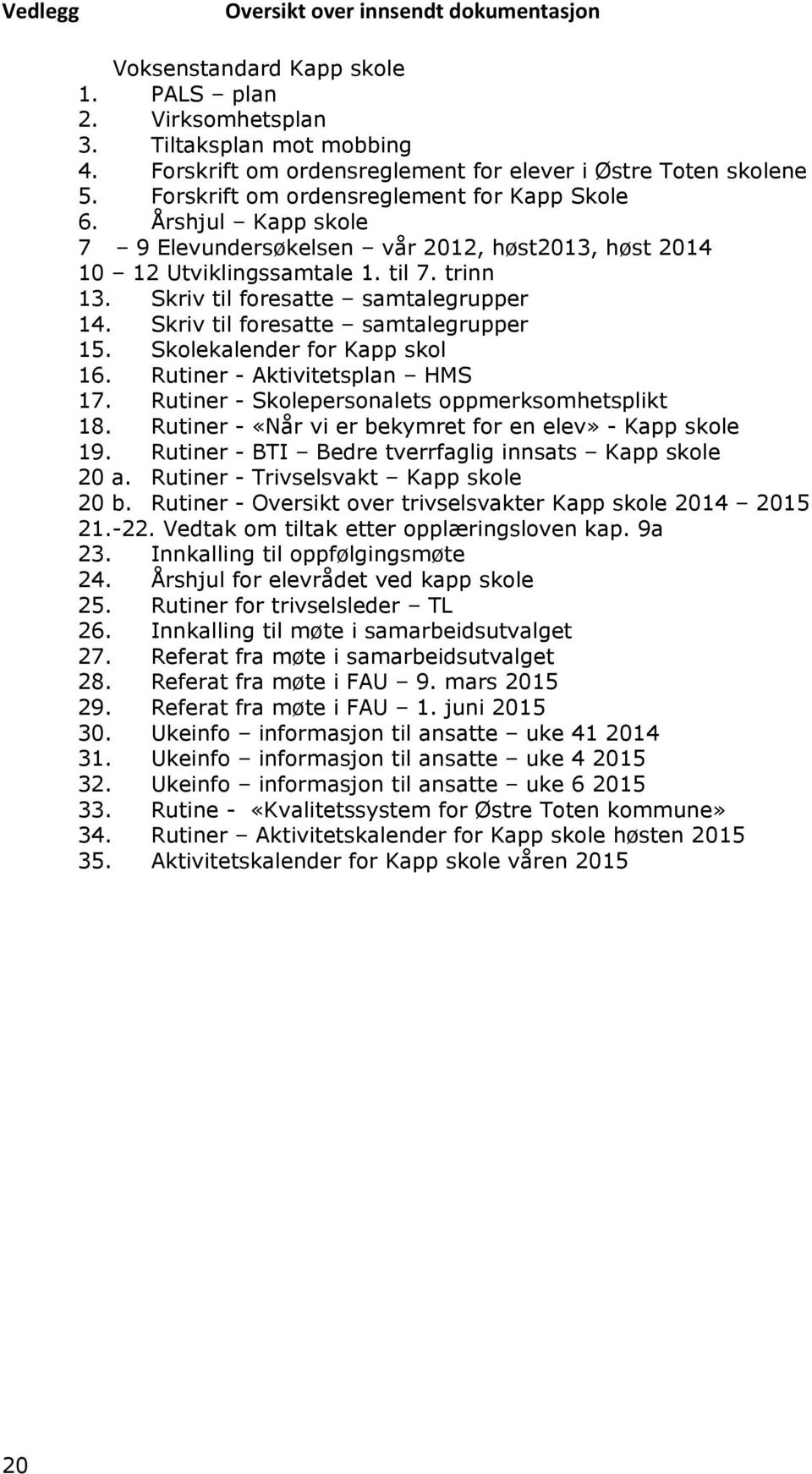 Skriv til foresatte samtalegrupper 15. Skolekalender for Kapp skol 16. Rutiner - Aktivitetsplan HMS 17. Rutiner - Skolepersonalets oppmerksomhetsplikt 18.