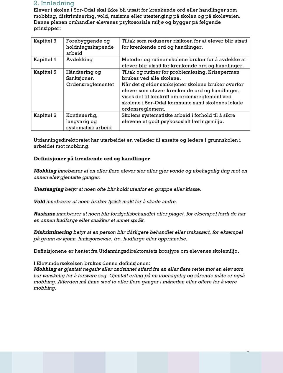 krenkende ord og handlinger. Kapittel 4 Avdekking Metoder og rutiner skolene bruker for å avdekke at elever blir utsatt for krenkende ord og handlinger. Kapittel 5 Håndtering og Sanksjoner.