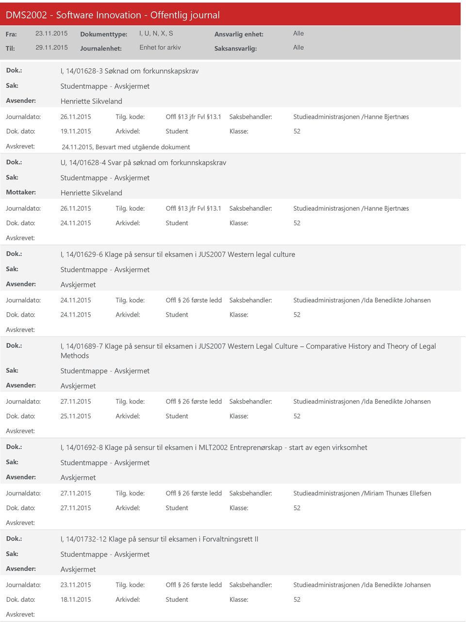 11.2015 Student I, 14/01689-7 Klage på sensur til eksamen i JS2007 Western Legal Culture Comparative History and Theory of Legal Methods 25.11.2015 Student I, 14/01692-8 Klage på sensur til eksamen i MLT2002 Entreprenørskap - start av egen virksomhet Studieadministrasjonen /Miriam Thunæs Ellefsen 27.