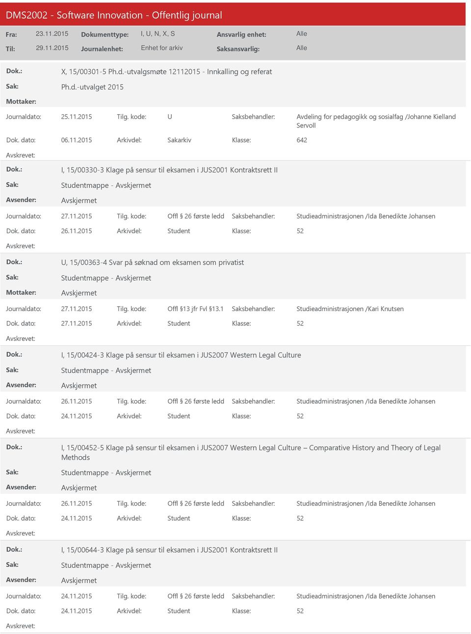 11.2015 Student I, 15/004-5 Klage på sensur til eksamen i JS2007 Western Legal Culture Comparative History and Theory of Legal Methods 24.11.2015 Student I, 15/00644-3 Klage på sensur til eksamen i JS2001 Kontraktsrett II 24.