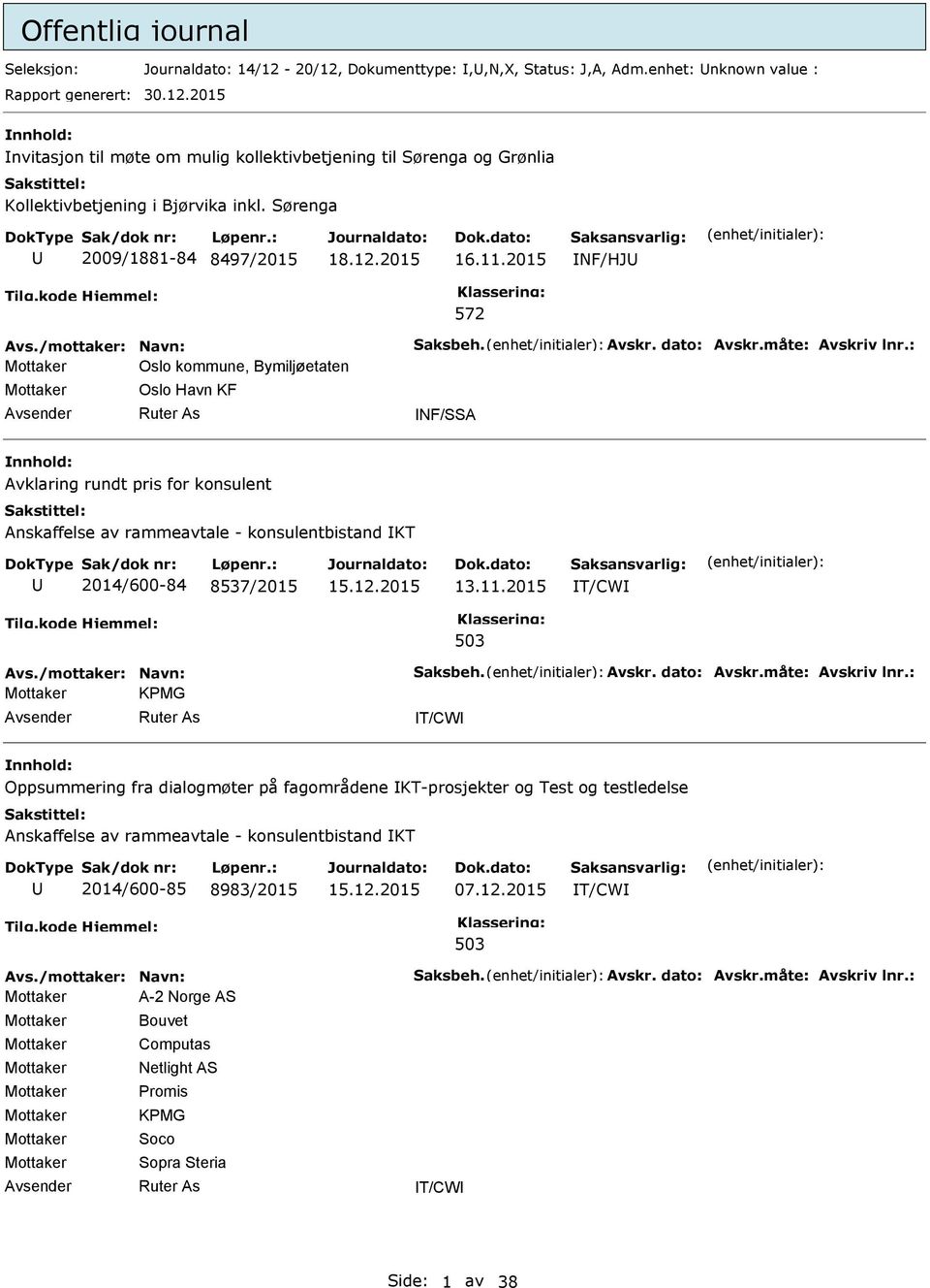 2015 NF/HJ 572 Mottaker Oslo kommune, Bymiljøetaten Mottaker Oslo Havn KF NF/SSA Avklaring rundt pris for konsulent Anskaffelse av rammeavtale - konsulentbistand KT 2014/600-84 8537/2015 13.11.