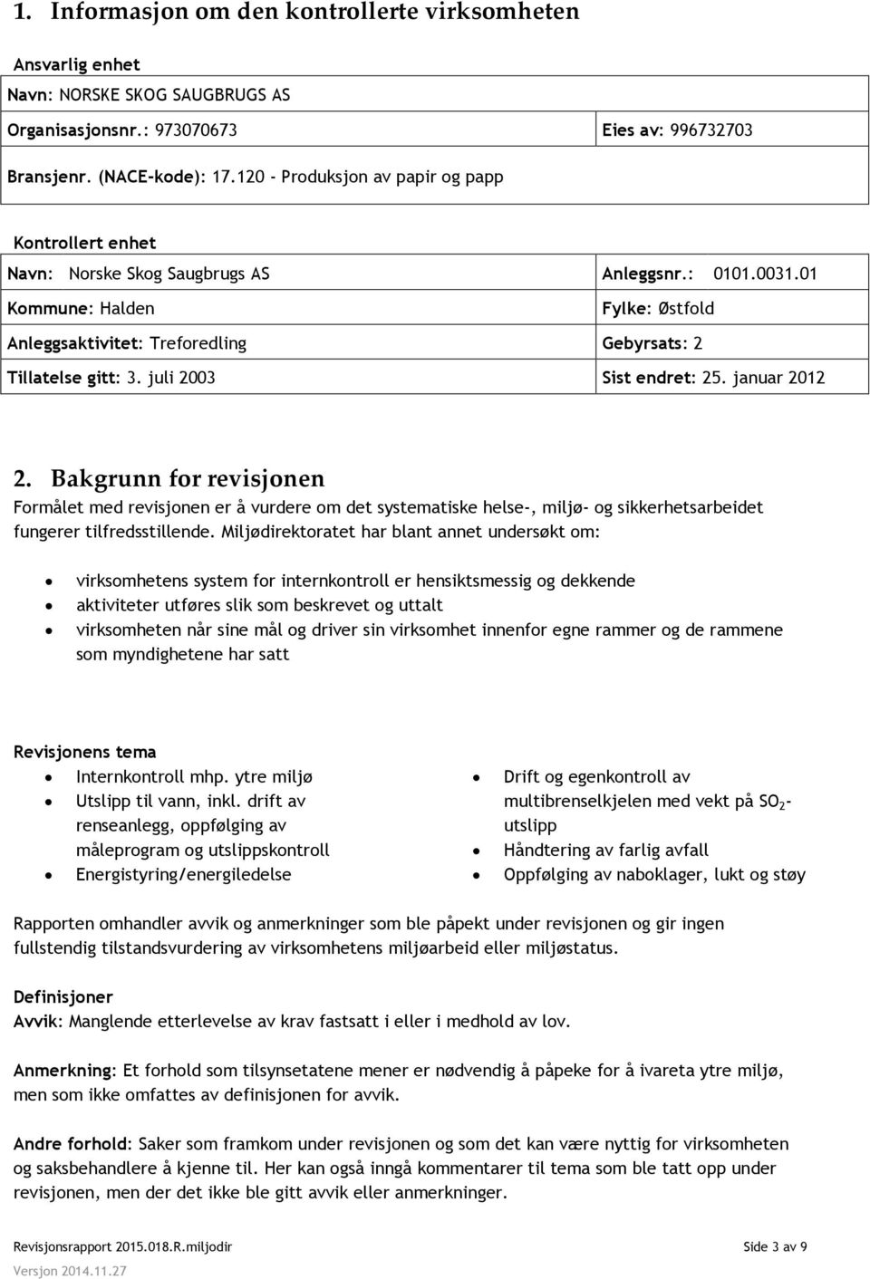 01 Kommune: Halden Fylke: Østfold Anleggsaktivitet: Treforedling Gebyrsats: 2 Tillatelse gitt: 3. juli 2003 Sist endret: 25. januar 2012 2.