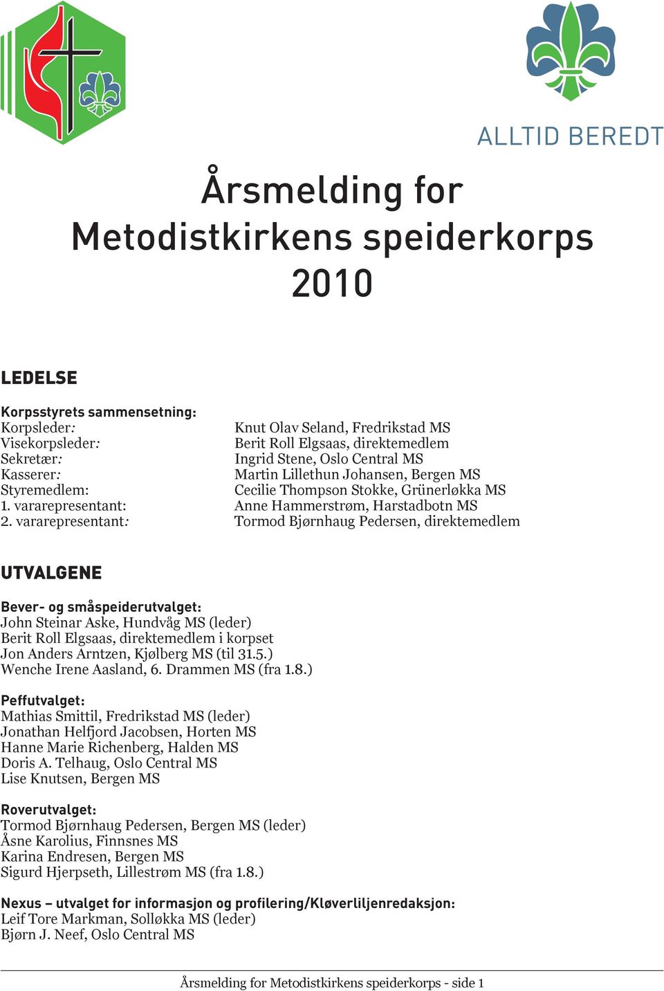 vararepresentant: Tormod Bjørnhaug Pedersen, direktemedlem UTVALGENE Bever- og småspeiderutvalget: John Steinar Aske, Hundvåg MS (leder) Berit Roll Elgsaas, direktemedlem i korpset Jon Anders