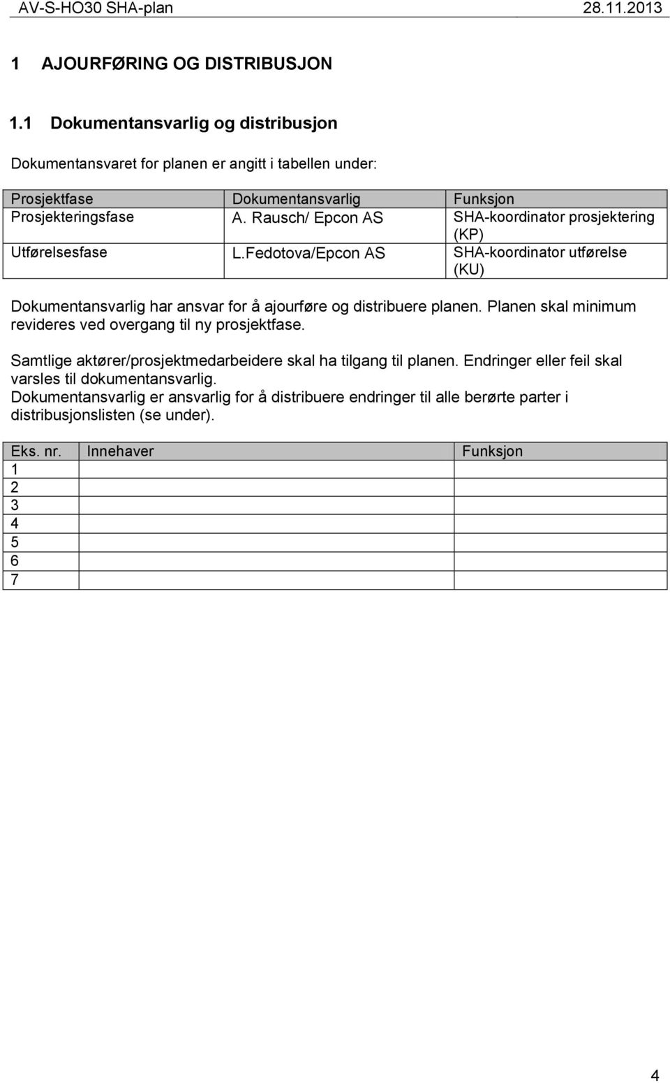 Rausch/ Epcon AS SHA-koordinator prosjektering (KP) Utførelsesfase L.