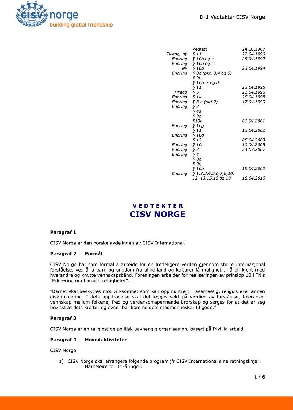 04.2009 18.04.2010 V E D T E K T E R CISV NORGE Paragraf 1 CISV Norge er den norske avdelingen av CISV International.