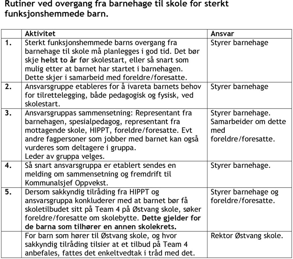 Ansvarsgruppe etableres for å ivareta barnets behov for tilrettelegging, både pedagogisk og fysisk, ved skolestart. 3.