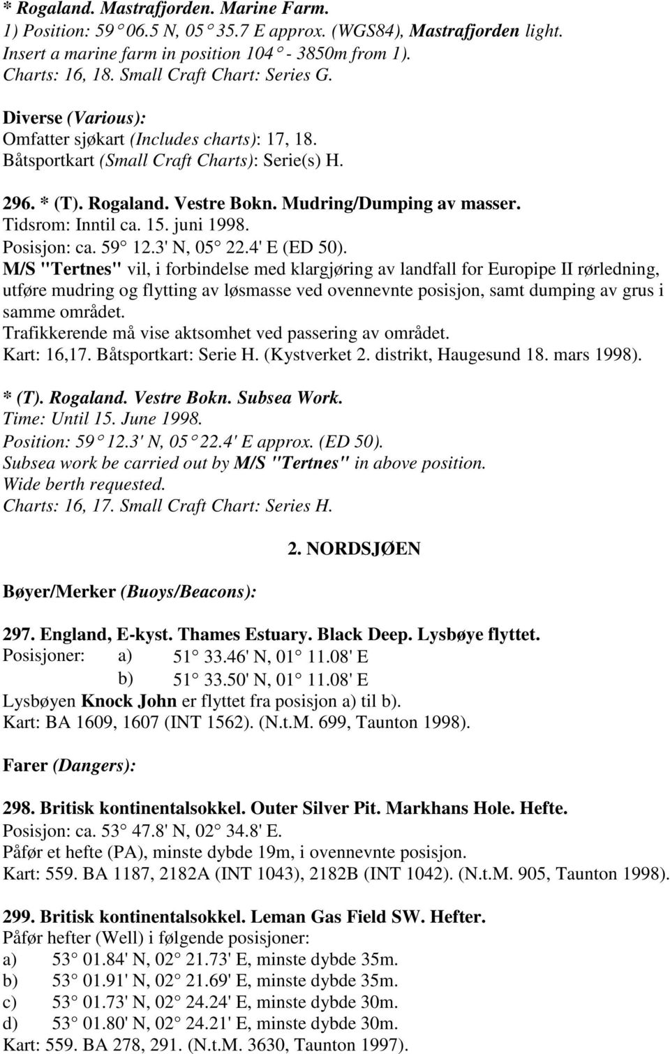 Tidsrom: Inntil ca. 15. juni 1998. Posisjon: ca. 59 12.3' N, 05 22.4' E (ED 50).