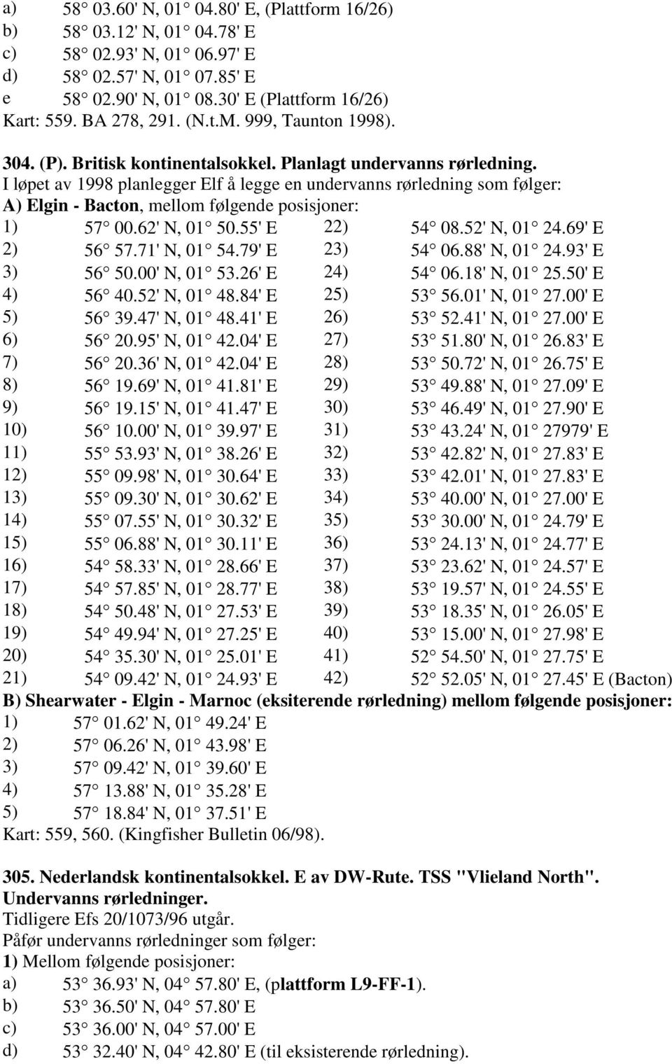 I løpet av 1998 planlegger Elf å legge en undervanns rørledning som følger: A) Elgin - Bacton, mellom følgende posisjoner: 1) 57 00.62' N, 01 50.55' E 22) 54 08.52' N, 01 24.69' E 2) 56 57.