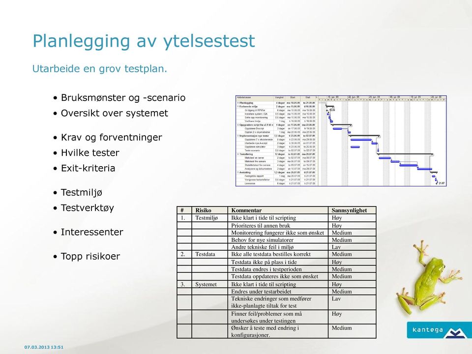 Testmiljø Ikke klart i tide til scripting Høy Prioriteres til annen bruk Høy Monitorering fungerer ikke som ønsket Medium Behov for nye simulatorer Medium Andre tekniske feil i miljø Lav 2.