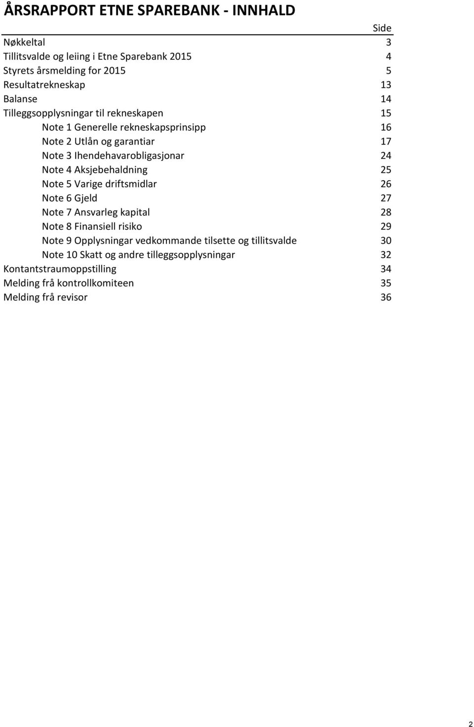 Note 4 Aksjebehaldning 25 Note 5 Varige driftsmidlar 26 Note 6 Gjeld 27 Note 7 Ansvarleg kapital 28 Note 8 Finansiell risiko 29 Note 9 Opplysningar