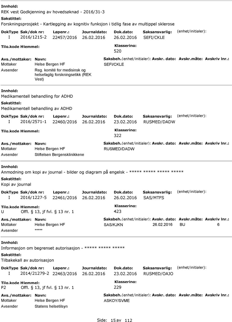 komité for medisinsk og helsefaglig forskningsetikk (REK Vest) Medikamentell behandling for ADHD Medikamentell behandling av ADHD 2016/2571-1 22460/2016 23.02.2016 RSMED/DADW 322 Avs.