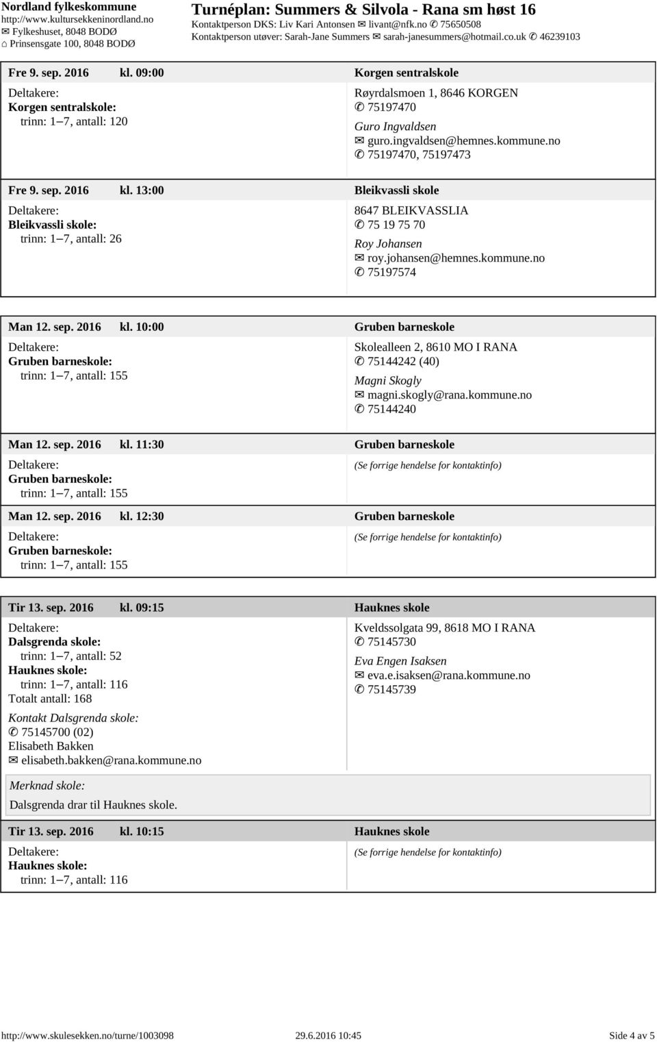 sep. 2016 kl. 10:00 Gruben barneskole Skolealleen 2, 8610 MO I RANA 75144242 (40) Magni Skogly magni.skogly@rana.kommune.no 75144240 Man 12. sep. 2016 kl. 11:30 Gruben barneskole Man 12. sep. 2016 kl. 12:30 Gruben barneskole Tir 13.