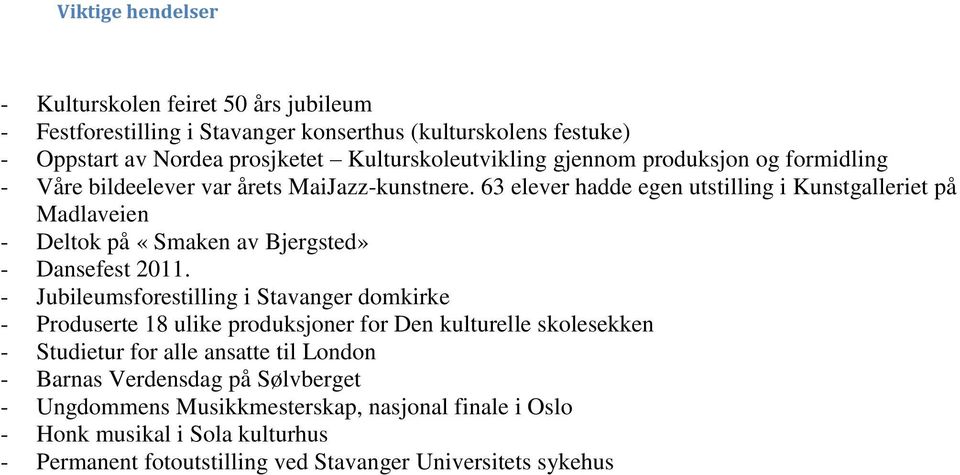 63 elever hadde egen utstilling i Kunstgalleriet på Madlaveien - Deltok på «Smaken av Bjergsted» - Dansefest 2011.