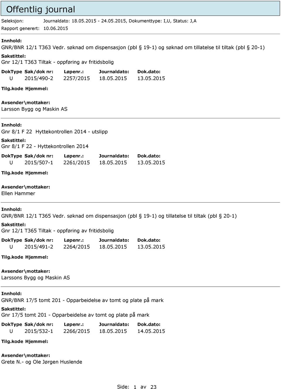 2015 Larsson Bygg og Maskin AS Gnr 8/1 F 22 Hyttekontrollen 2014 - utslipp Gnr 8/1 F 22 - Hyttekontrollen 2014 2015/507-1 2261/2015 13.05.2015 Ellen Hammer GNR/BNR 12/1 T365 Vedr.