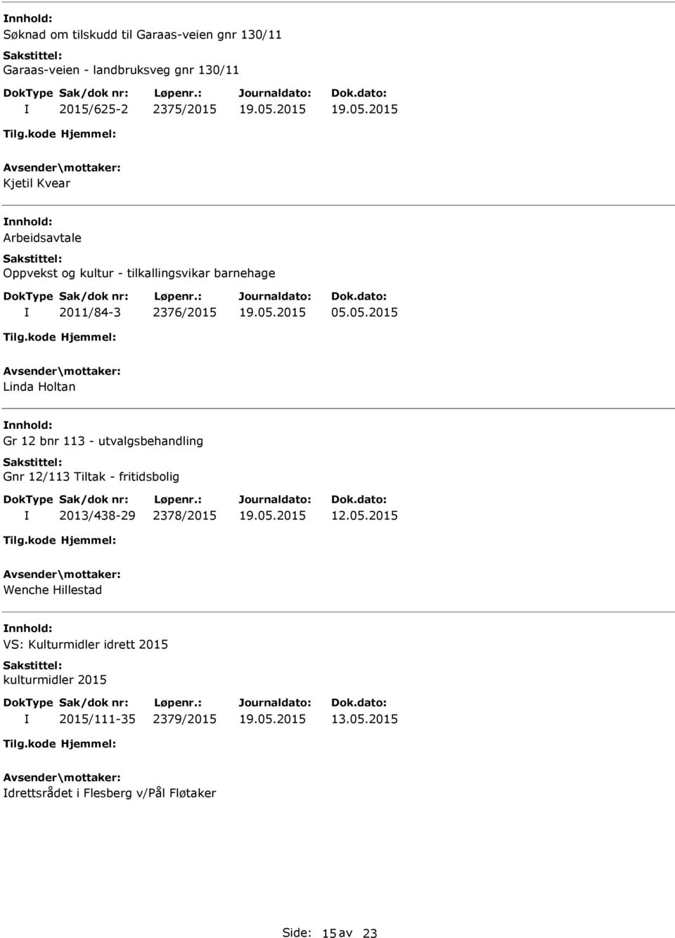 05.2015 Linda Holtan Gr 12 bnr 113 - utvalgsbehandling Gnr 12/113 Tiltak - fritidsbolig 2013/438-29 2378/2015 12.05.2015 Wenche Hillestad VS: Kulturmidler idrett 2015 kulturmidler 2015 2015/111-35 2379/2015 13.