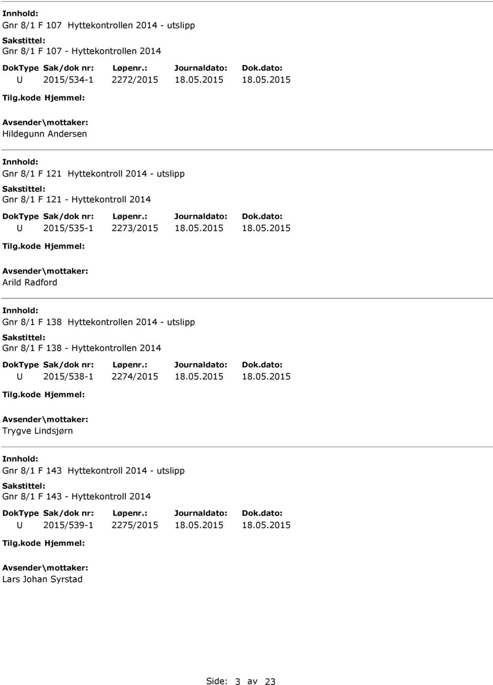 F 138 Hyttekontrollen 2014 - utslipp Gnr 8/1 F 138 - Hyttekontrollen 2014 2015/538-1 2274/2015 Trygve Lindsjørn Gnr 8/1 F